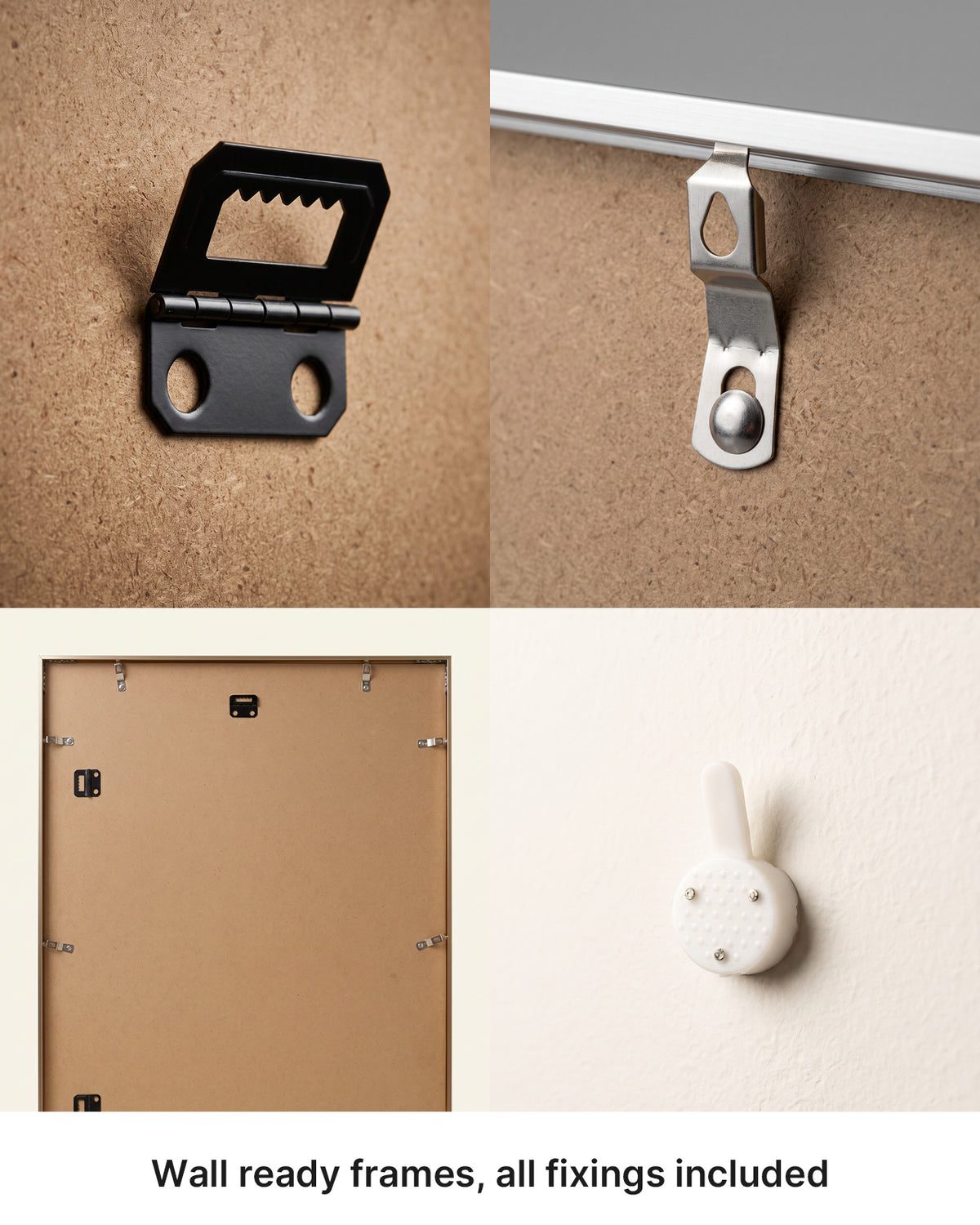Frame hanging fittings, including brackets, hanging wire and wall hooks.