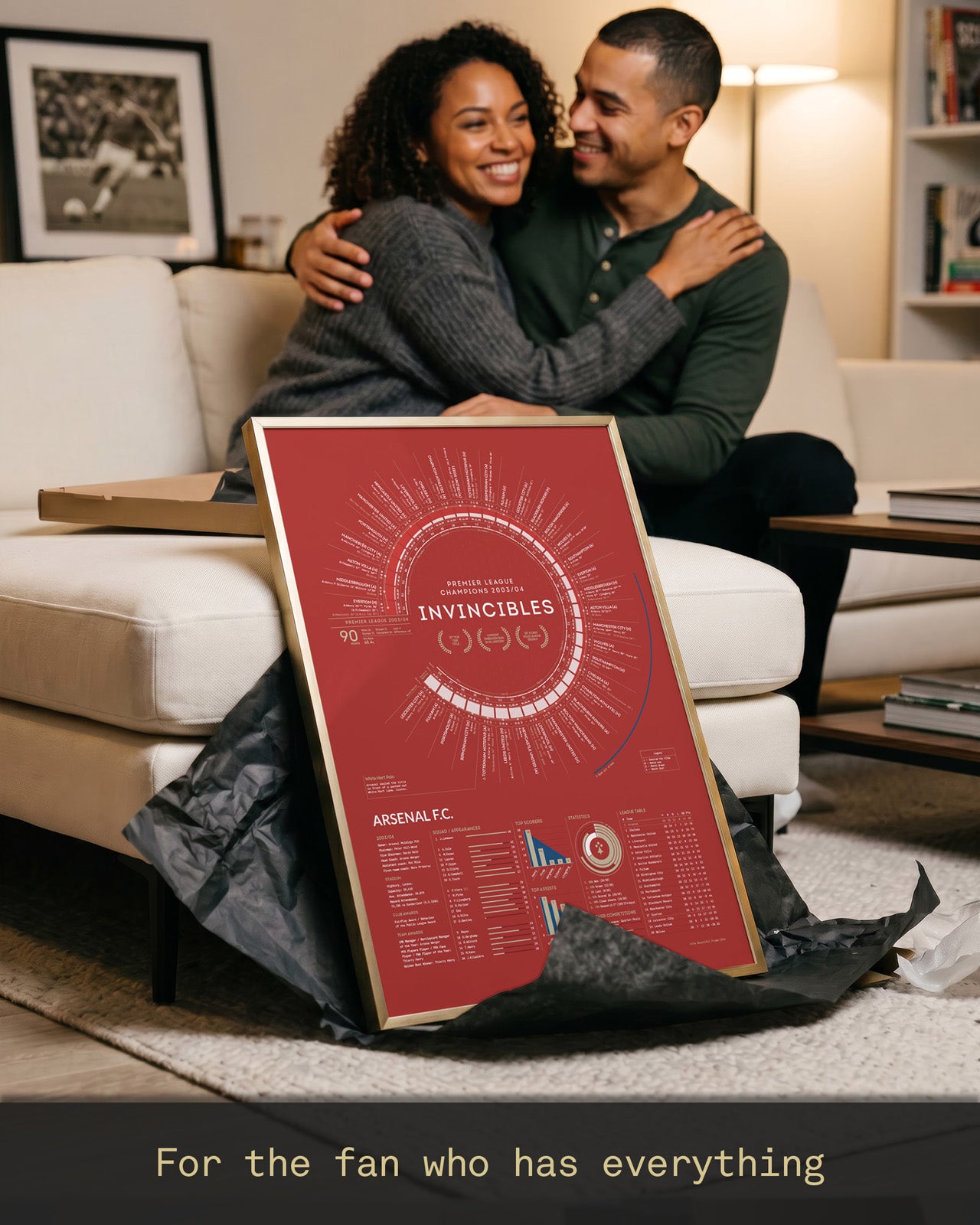 Happy Arsenal supporters unwrapping and admiring their framed Arsenal Invincibles 2003/04 A2 art print at home, showcasing the print as a memorable gift and centrepiece for any football fan’s collection.