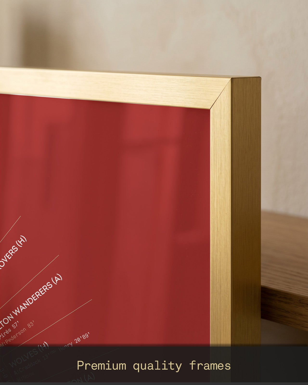 Close-up of the premium gold aluminium frame showcasing the brushed finish, slim profile, and high-quality craftsmanship of The Beautiful Frame’s Arsenal Invincibles 2003/04 A2 art print.