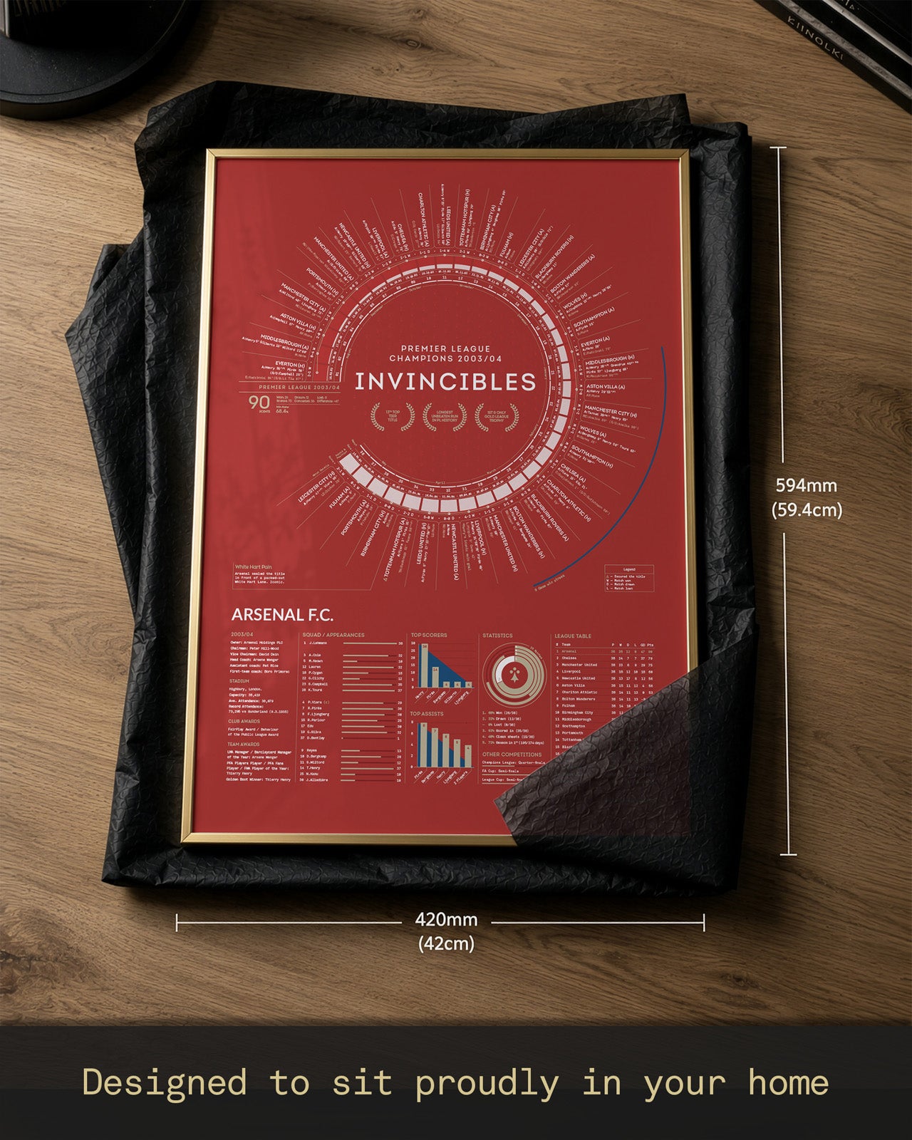 Arsenal Invincibles 2003/04 Premier League Champions A2 framed art print showing dimensions and presentation display