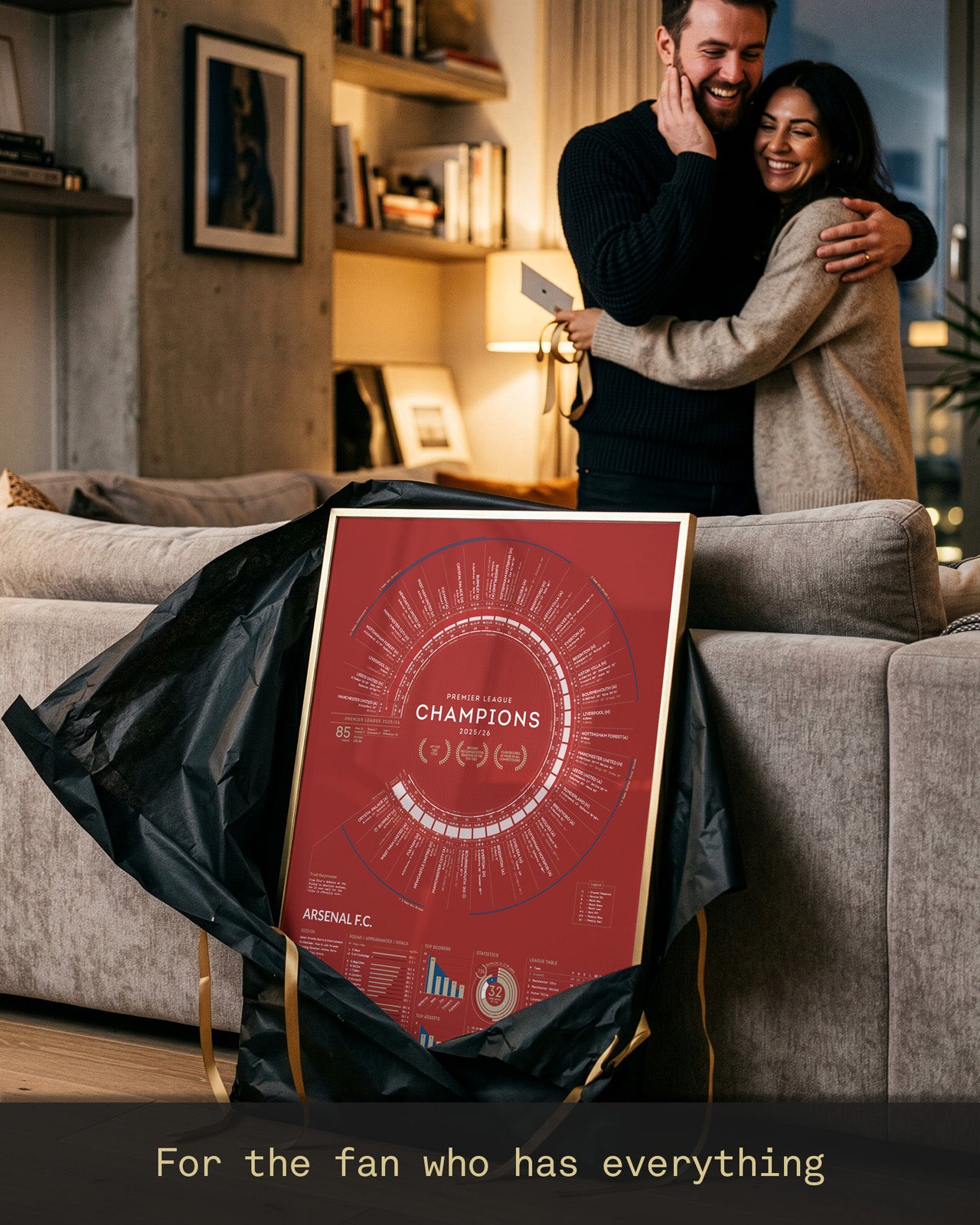 Arsenal 2025/26 Premier League Champions A2 art print being unwrapped as a gift, celebrating Arsenal’s title-winning season with detailed match data, statistics, and season milestones.