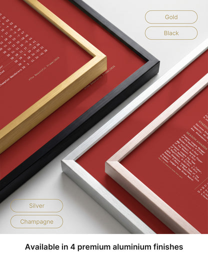 Arsenal 2025/26 Premier League Champions print shown with gold, champagne, black and silver aluminium frame options.