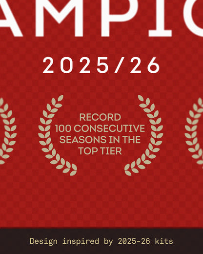 Close-up of the Arsenal 2025/26 Premier League Champions A2 art print, showcasing the kit-inspired background design, season honours, club milestones, and championship-winning campaign details.