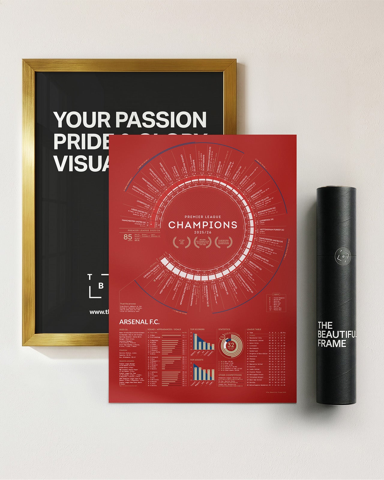 Arsenal 2025/26 Premier League Champions A2 art print shown alongside The Beautiful Frame’s premium presentation tube and gold wood-effect frame option — helping you visualise how the artwork can elevate your home, office, or dedicated football space before choosing your preferred frame finish.