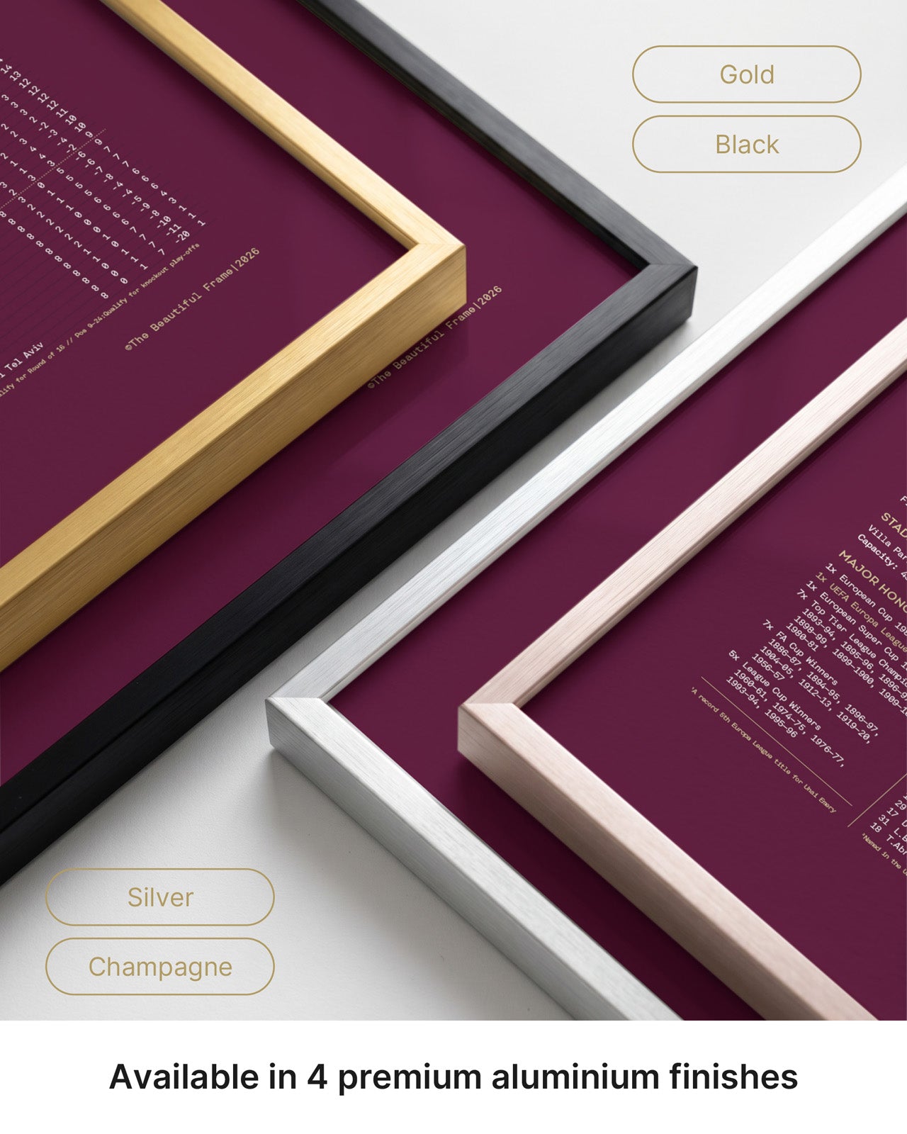 Aston Villa 2025/26 Europa League Winners print available in gold, champagne, black and silver aluminium frames