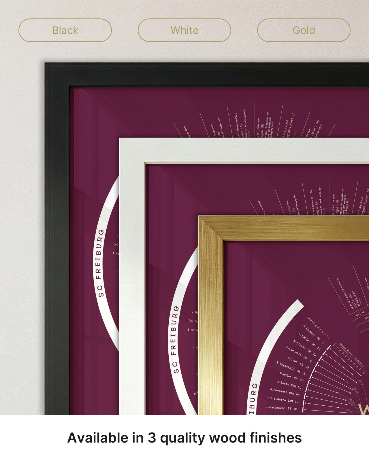 Aston Villa 2025/26 Europa League Winners print available in black, white and gold wood frame finishes