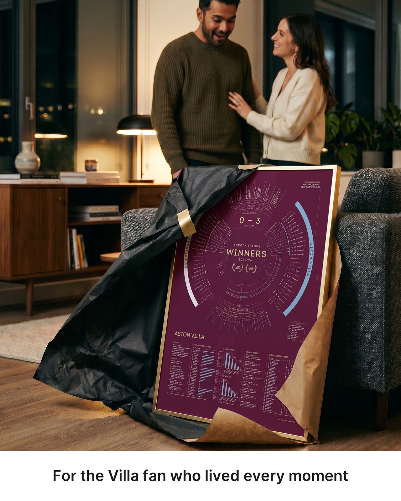 Aston Villa 2025/26 Europa League Winners print being unwrapped as a gift in a modern living room