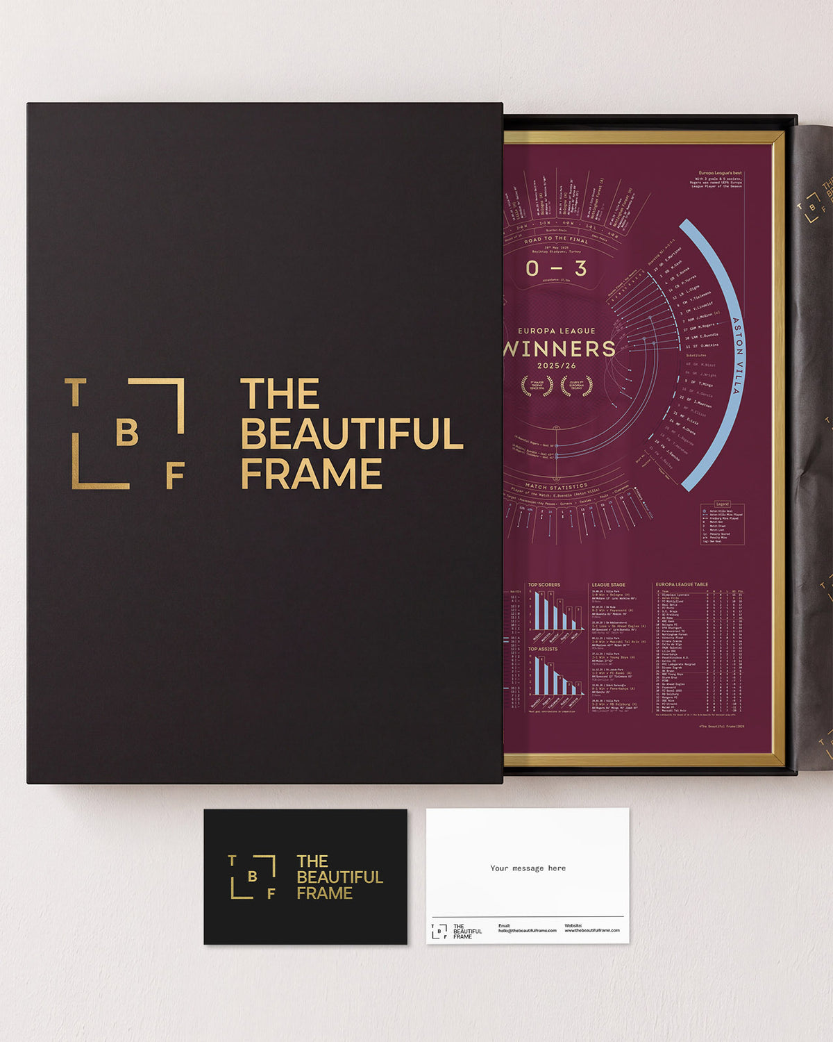 Aston Villa 2025/26 Europa League Champions print in a gold aluminium frame with gift box and separate personal message card.
