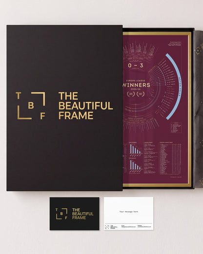 Aston Villa 2025/26 Europa League Champions print in a gold aluminium frame with gift box and separate personal message card.