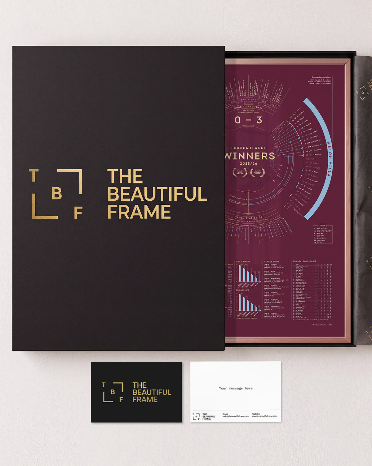 Aston Villa 2025/26 Europa League Champions print in a rose gold aluminium frame with gift box and separate personal message card.