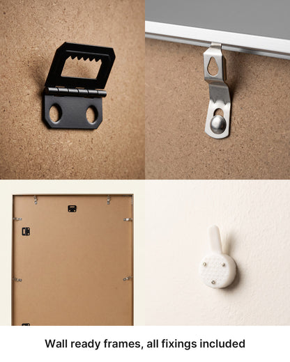 Frame hanging fittings, including brackets, hanging wire and wall hooks.