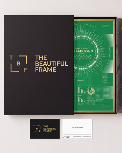 Celtic 2025/26 Domestic Double Champions print in a gold aluminium frame with gift box and separate personal message card.