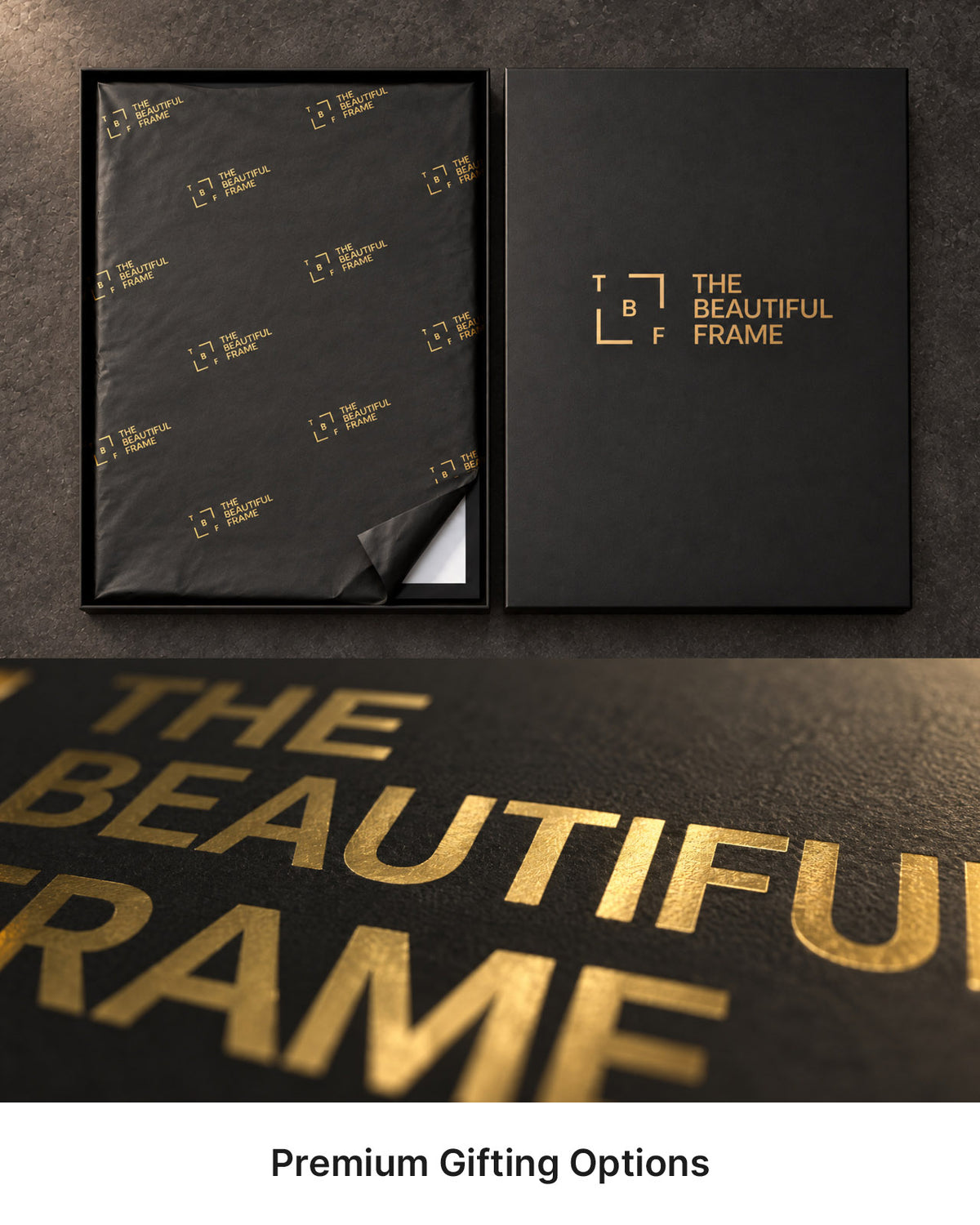 Black gift box and tissue paper with The Beautiful Frame logo in gold.