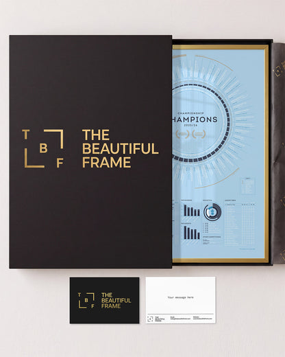 Coventry City 2025/26 EFL Championship Champions print in a gold aluminium frame with a gift box and personal message.