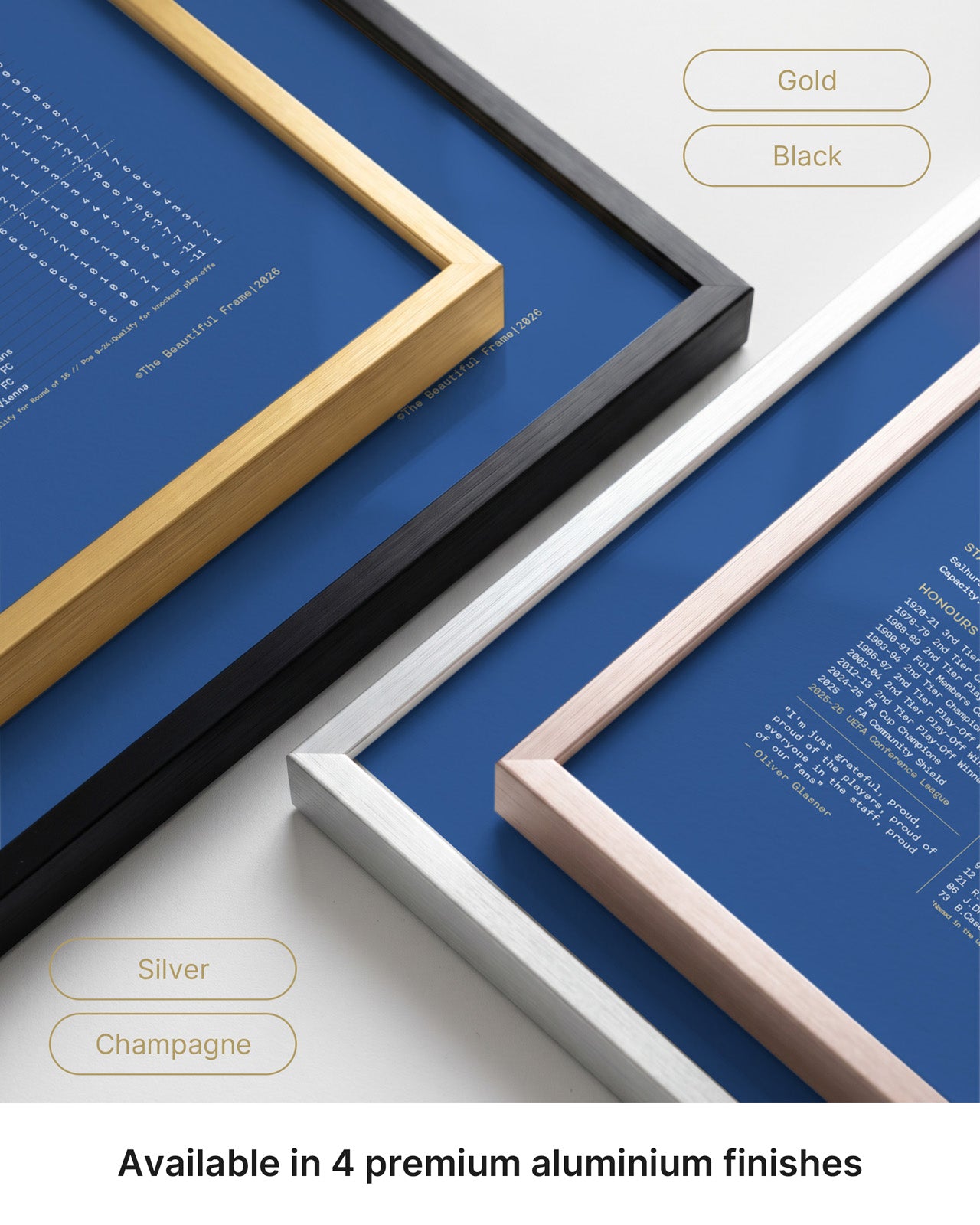 Crystal Palace Conference League Winners print available in four premium aluminium frame finishes: gold, champagne, black and silver.