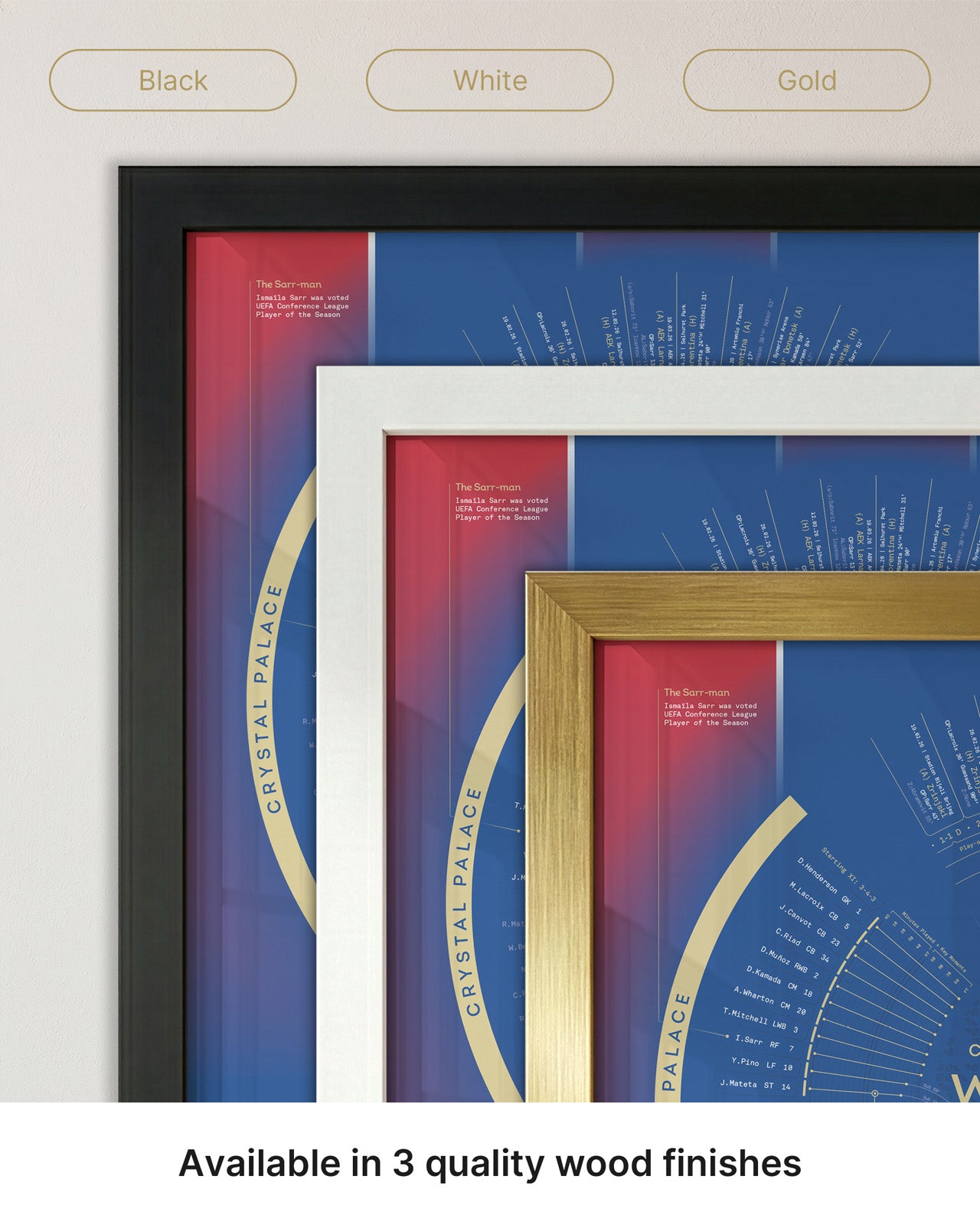 Crystal Palace Conference League Winners print shown in three premium wood frame finishes: black, white and gold.