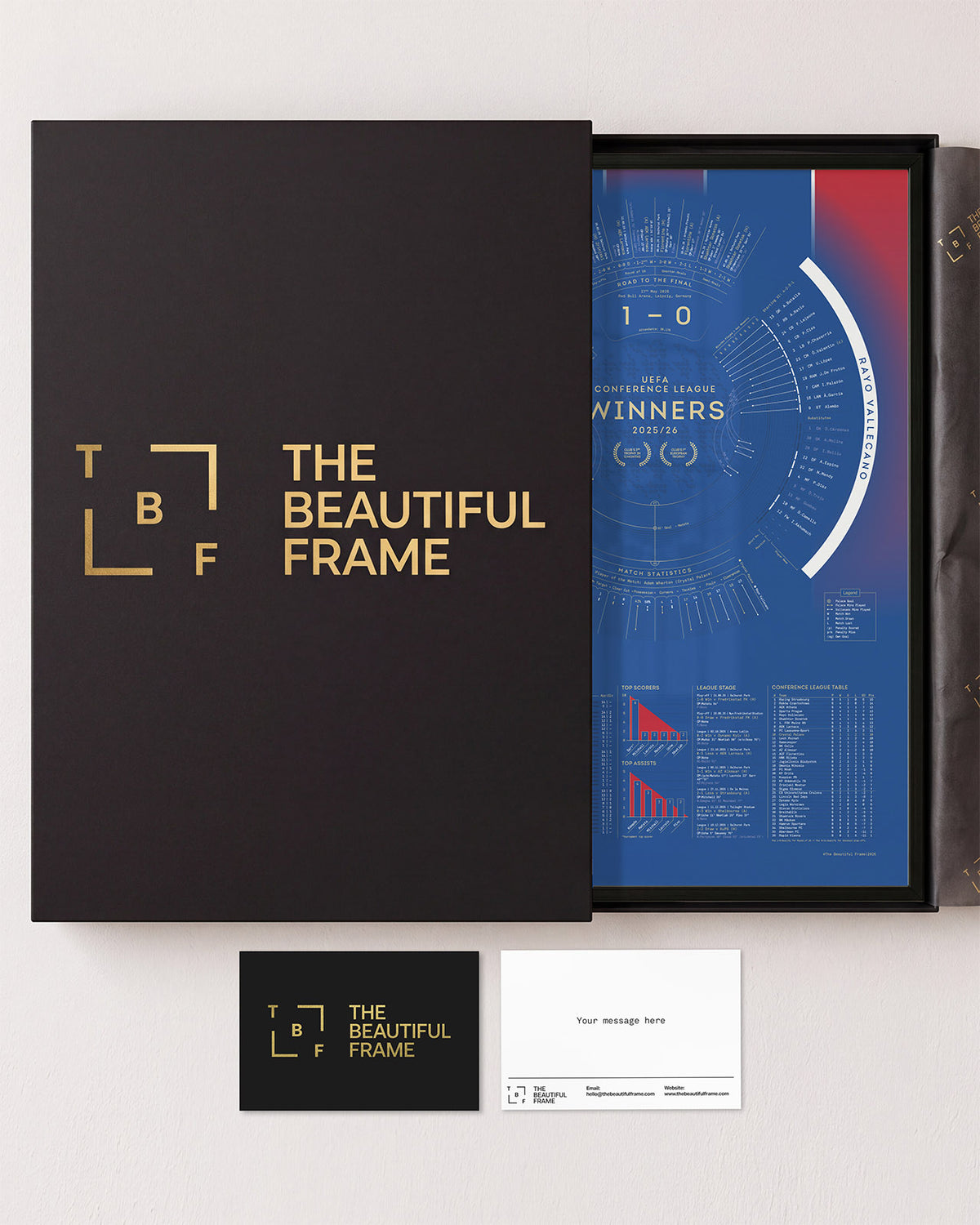 Crystal Palace 2025/26 Conference League Winners print in a black aluminium frame with gift box and separate personal message card.