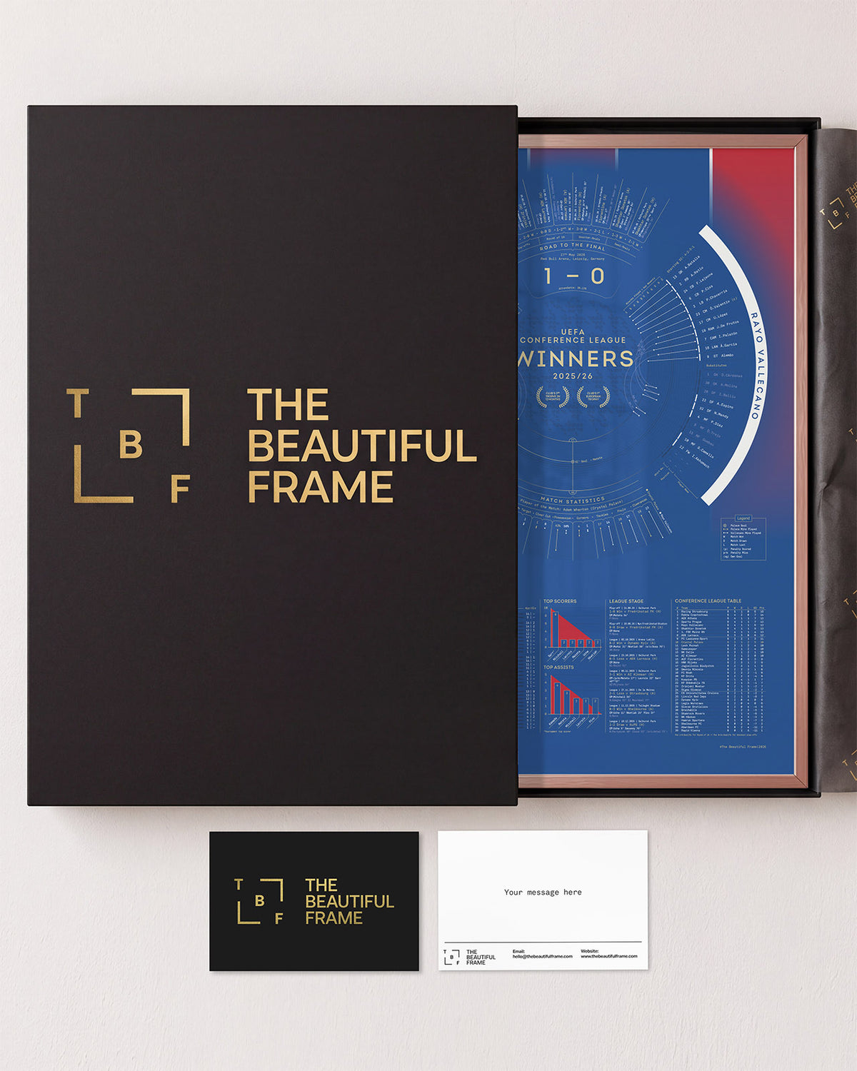 Crystal Palace 2025/26 Conference League Winners print in a rose gold aluminium frame with gift box and separate personal message card.
