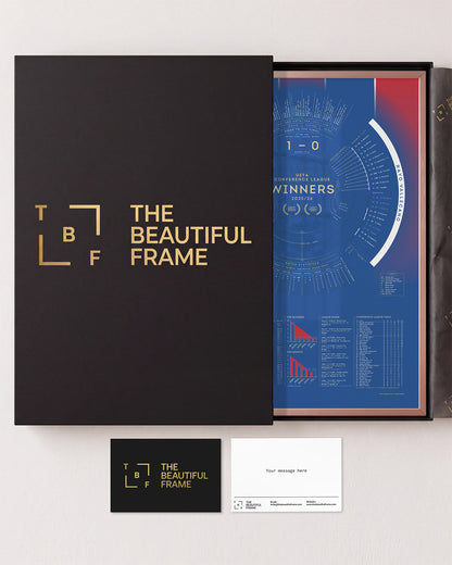 Crystal Palace 2025/26 Conference League Winners print in a rose gold aluminium frame with gift box and separate personal message card.