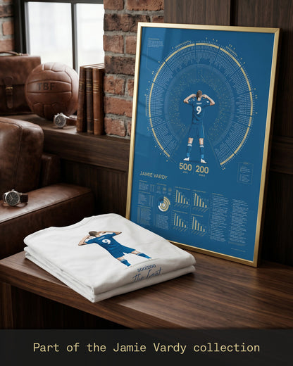 Jamie Vardy 500 Appearances 200 Goals Collection featuring the Legacy T-shirt alongside the matching A2 data print, celebrating one of Leicester City’s greatest ever players.