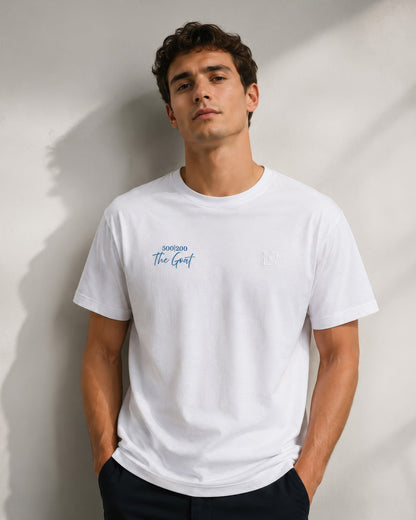 Jamie Vardy 500 Appearances 200 Goals Legacy T-shirt worn by male model, showcasing the front chest graphic and subtle embroidered TBF logo on a premium heavyweight white cotton tee.