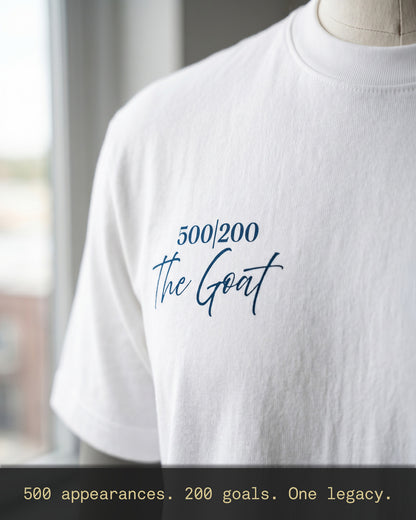 Jamie Vardy 500 Appearances 200 Goals Legacy T-shirt featuring the signature “500|200 The Goat” chest graphic, celebrating one of Leicester City’s greatest ever players.