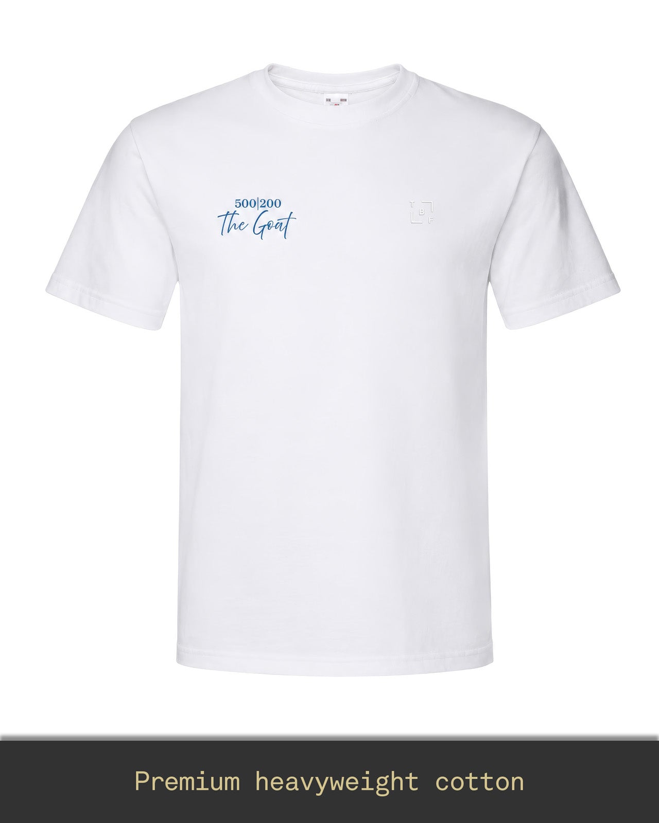 Jamie Vardy 500 Appearances 200 Goals Legacy T-shirt front design featuring ‘The Goat’ chest graphic and embroidered TBF logo on premium heavyweight white cotton.