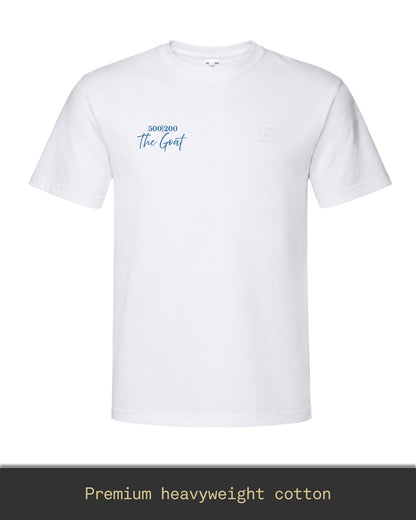 Jamie Vardy 500 Appearances 200 Goals Legacy T-shirt front design featuring ‘The Goat’ chest graphic and embroidered TBF logo on premium heavyweight white cotton.