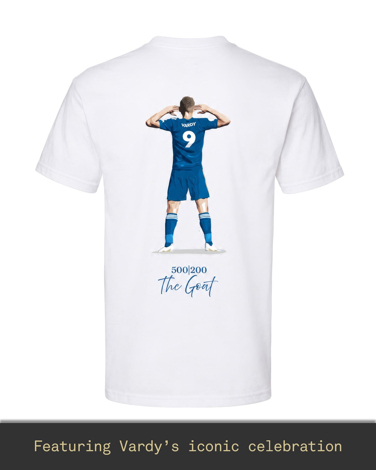 Jamie Vardy 500 Appearances 200 Goals Legacy T-shirt featuring Vardy’s iconic celebration on the back, honouring one of Leicester City’s greatest ever players.