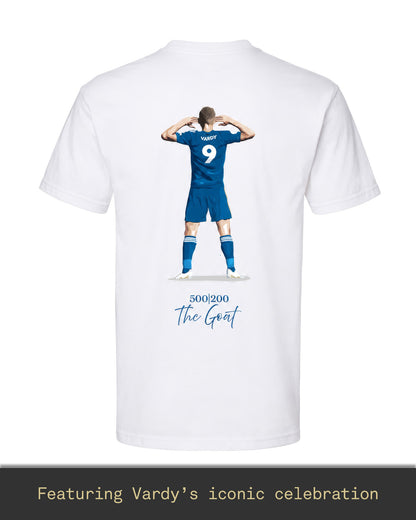 Jamie Vardy 500 Appearances 200 Goals Legacy T-shirt featuring Vardy’s iconic celebration on the back, honouring one of Leicester City’s greatest ever players.