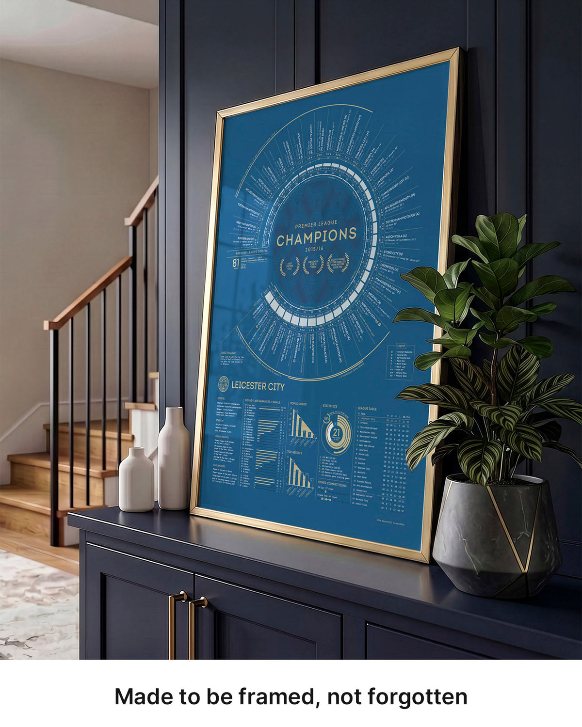 Gold-framed Leicester City champions print displayed on a dark cabinet beside a plant.
