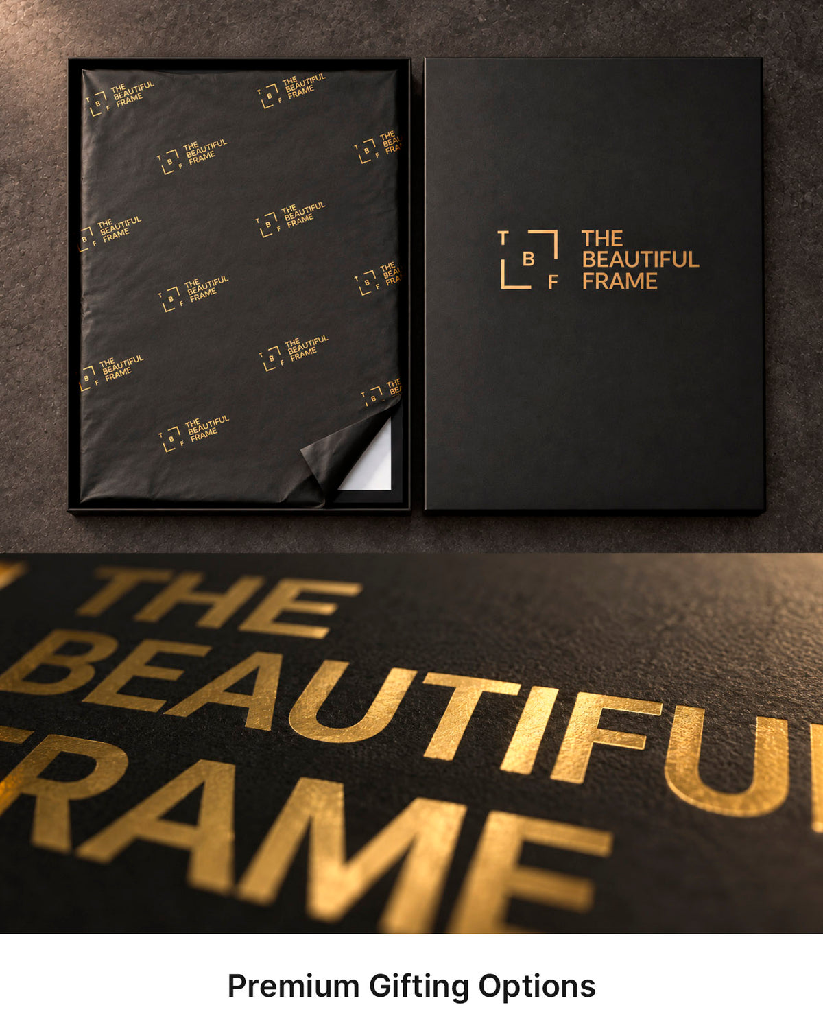 Black TBF gift box with gold branding and patterned tissue paper.