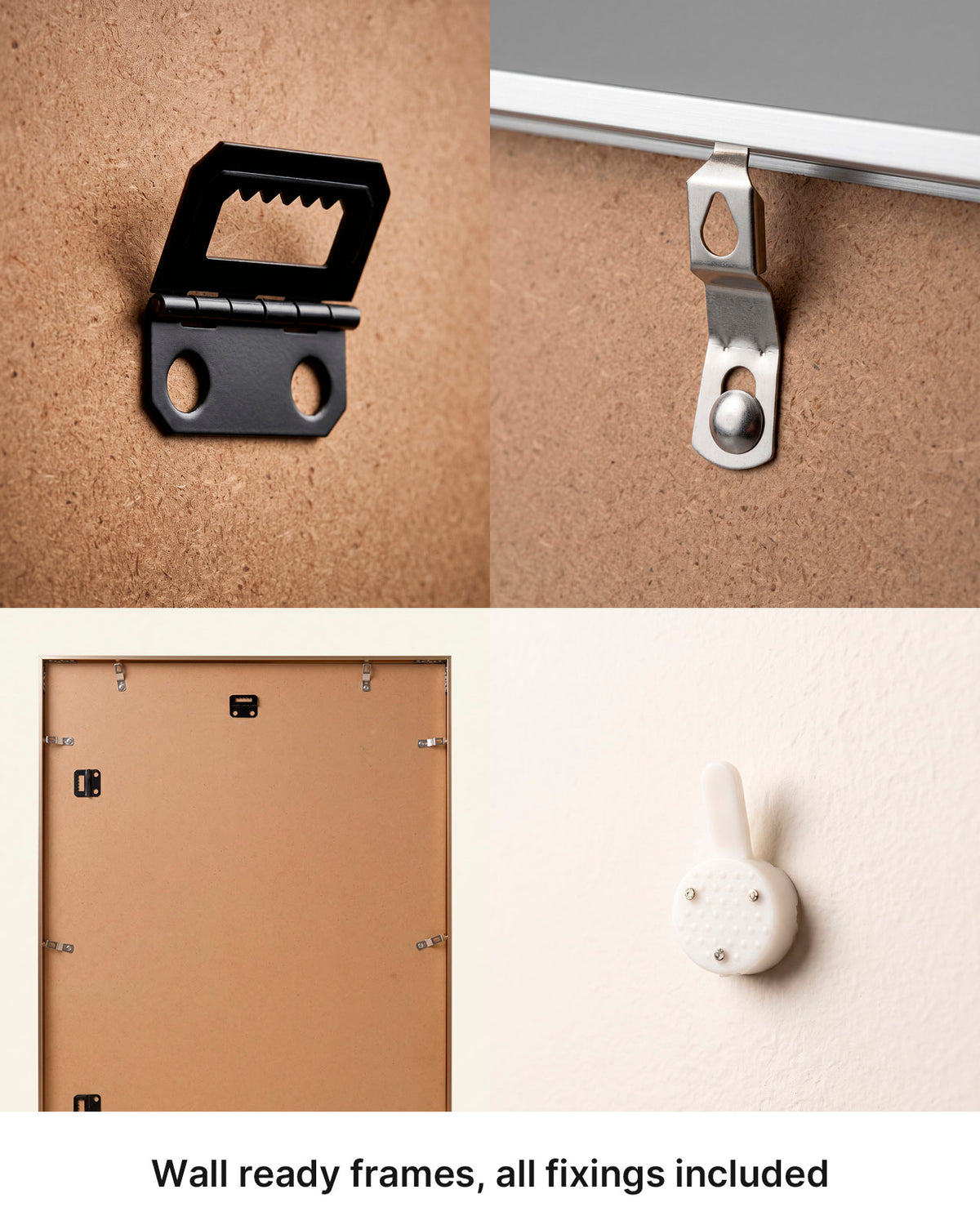 Close-ups of frame hanging fittings, backing board and a wall hook.