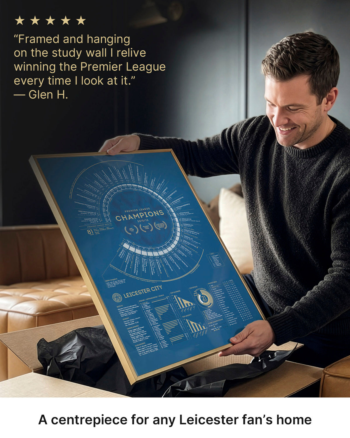 A man unwrapping the gold-framed Leicester City 2015–16 champions print.
