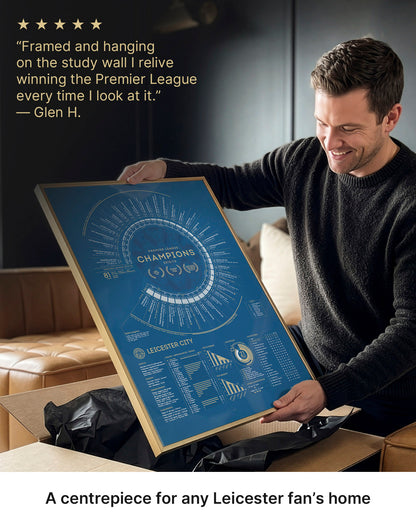 A man unwrapping the gold-framed Leicester City 2015–16 champions print.