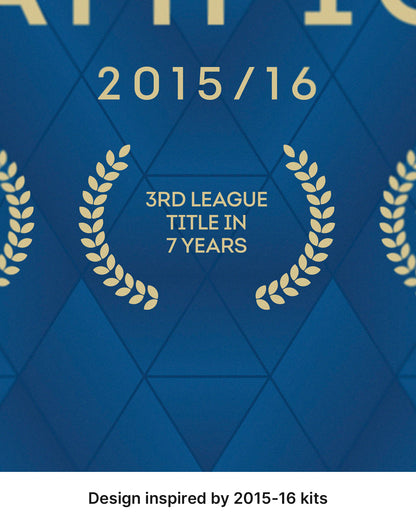 Close-up of the 2015/16 title and third league title in seven years detail on the patterned blue artwork.
