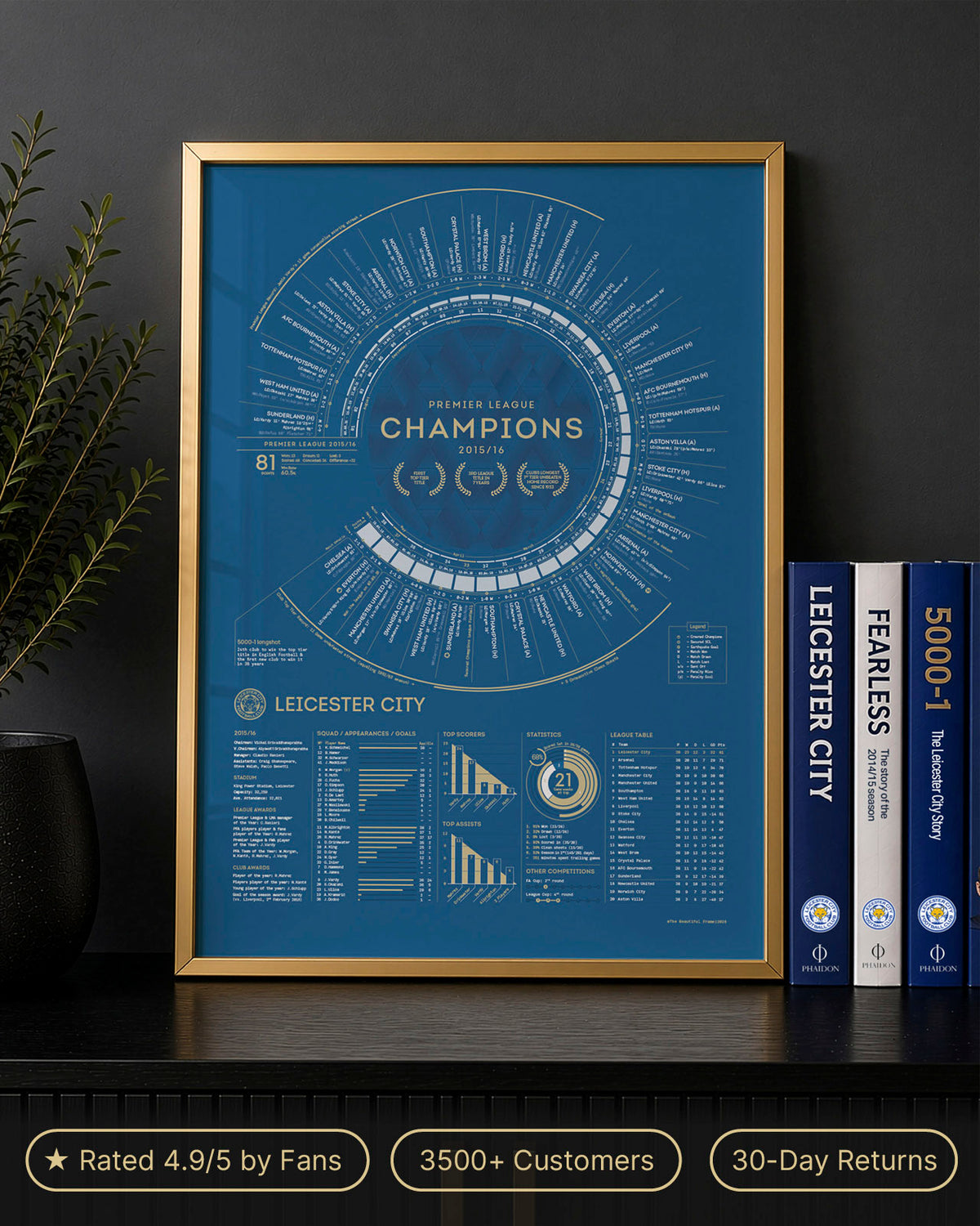 Leicester City 2015–16 Premier League champions print in a gold frame beside Leicester City books.