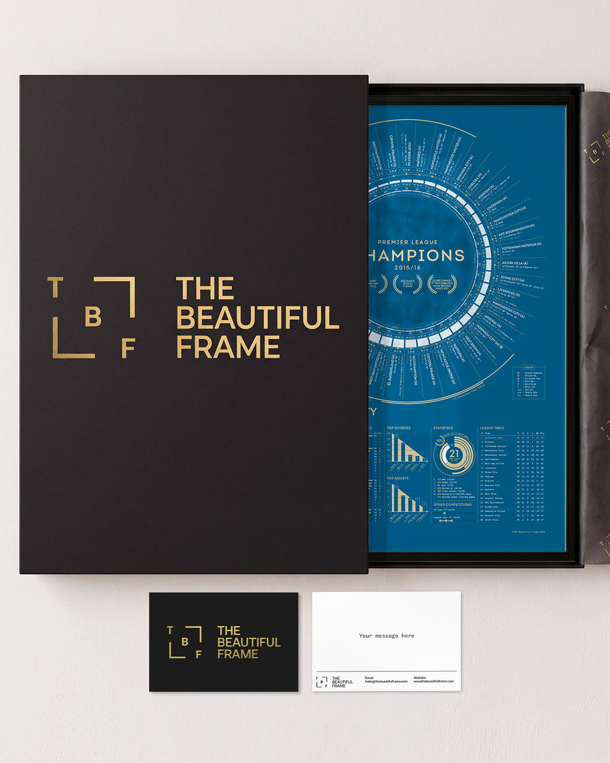 Leicester City 2015–16 Premier League champions print in a black aluminium frame, with a gift box and personal message card.