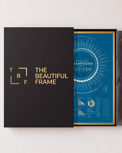 Leicester City 2015–16 Premier League champions print in a gold aluminium frame, with a gift box.