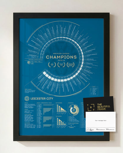 Leicester City 2015–16 Premier League champions print in a black wood frame, with a personal message card.