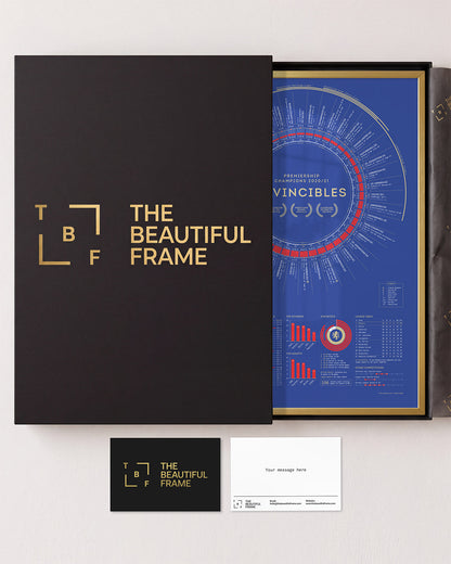 Rangers 2020/21 Scottish Premiership Champions print in a gold aluminium frame with gift box and separate personal message card.
